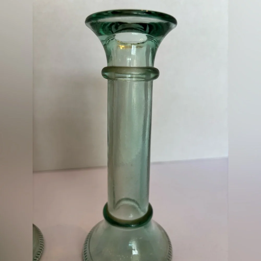 Vintage Pair Green Glass Candle Holders 7